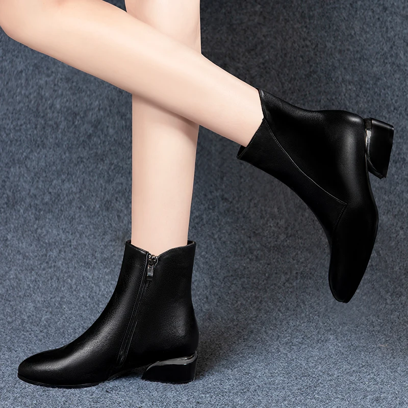 2020 Winter Women Ankle Boots Black Office Lady Shoes Pointed Mid Heels Booties Plush Warm botas mujer Autumn Spring 8746C | Обувь