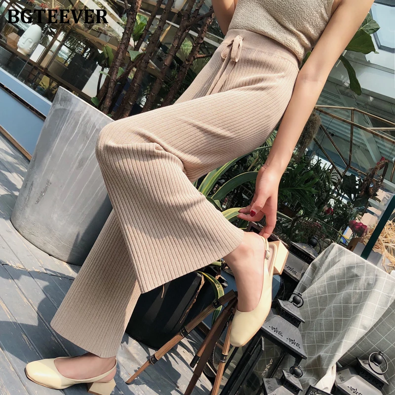 BGTEEVER Women Knitted Wide-legged Pants Simple Loose Lace-up Long Sweater Female Warm Elastic High Waist Trousers 2020 | Женская одежда