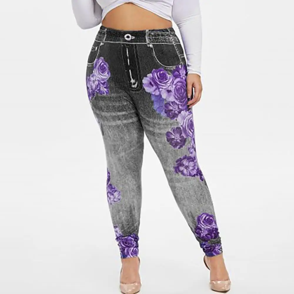 Ladies Pants Large Size Womens Imitation Cowboy Flower Printing Elastic Waist Casual Leggings legging taille haute E