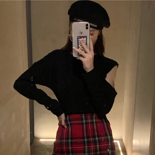 Женская одежда простые ulzzang свободные безрукавки с длинным рукавом с открытыми плечами весенние тонкие женские топы корейские футболки mujer новинка - Цвет: Черный