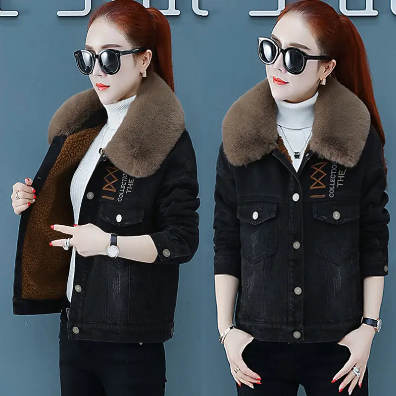 

Autumn Winter New Brushed and Thick Jeans Coat Women's Short Quilted Cotton Cloth Women Loose Imitation Lalambswool Warm Jacket