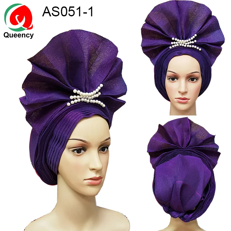 AS051 быстрая, особый стиль, уже сделанный Gele, нигерийские бусы, головные уборы для женщин, вечерние, свадебные - Color: AS051-1