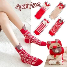 4 пар/уп. теплые хлопковые милые Мультяшные носки с рождественским дизайном