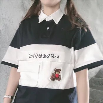 

Women Cute T-shirt Japanese Short sleeve Splice Bear Embroidery Loose Half sleeve Student Harajuku Sweet pullover Tops Korean