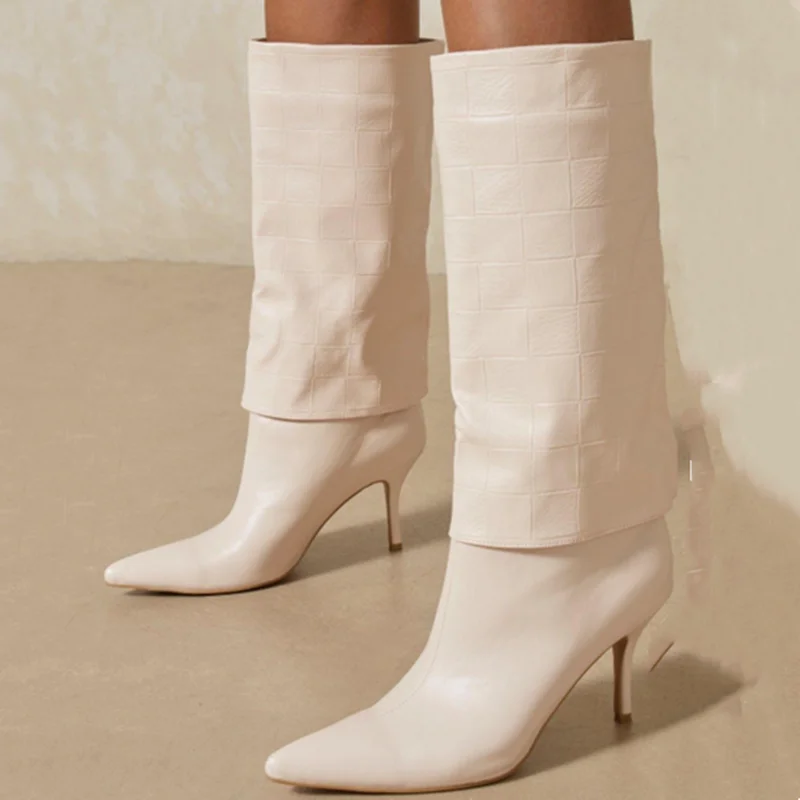 Slip on Overlay Knitted Print Fashion Boots High Heel Pointy Toe Sexy Women's Knee High Winter Boots Size 43