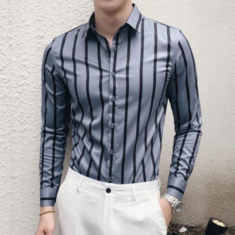 Мужская рубашка Smart casual, классический контрастный Стандартный крой, длинный рукав, полосатая рубашка, британский стиль, мужская рубашка размера плюс