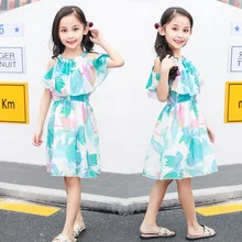 Летнее Детское платье для девочек, милое шифоновое удобное праздничное платье принцессы с цветочным принтом, расклешенными рукавами и открытыми плечами, без бретелек