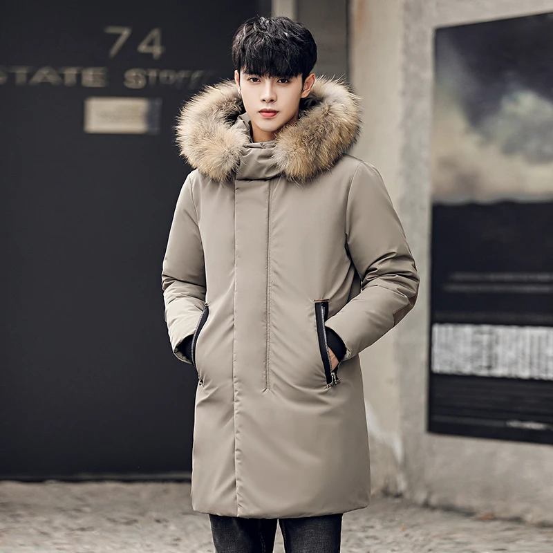 2021 Men Hooded slim down jacket male youth fashion leisure big fur collar long coat street style warm white duck down brand