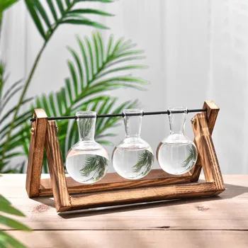 

Glass and Wood Vase Planter Terrarium Table Desktop Hydroponics Plant Bonsai Flower Pot Hanging Pots with Wooden Tray Home Decor