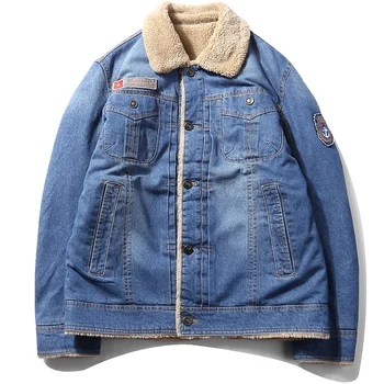 

Men's winter motorcycle plus fleece denim jacket Thicken denim clothes Lamb wool coat Casual Safari Style clothes jackets
