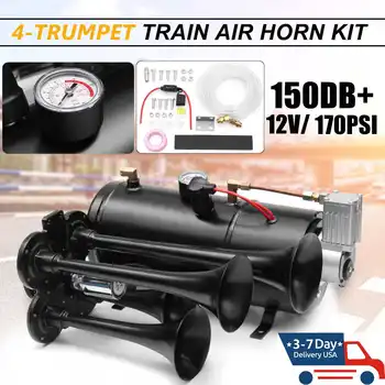 

Car Campers Truck Train Quad 4 Trumpet Air Horn Kit Black 170 PSI 150dB with 12V 3 Liters Compressor Tubing & House