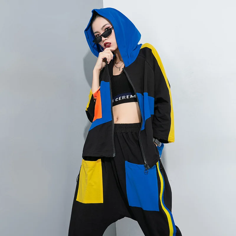 

Colour Block Suit Women Two Piece Set Stylish Drawstring Hooded Jacket and Striped Zipper Pockets Harem Pants 2020 Summer Autumn