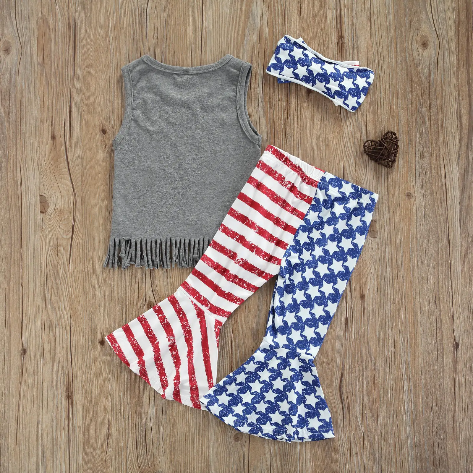 Citgeett Summer Independence Day Kids Baby Girls 3pcs Clothes Sets Letter Star Printed Sleeveless Tassel Tops Flare Pants/Shorts