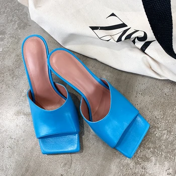 

Retro Genuine Leather Kitten Heels Slipper Shoes Women Fashion Sexy Thin Summer Shoes Woman Blue Beige Black Open Toe Flop Flips