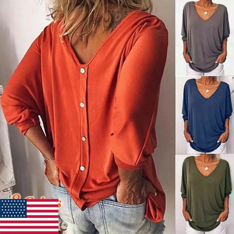 

Womens Loose 3/4 Sleeve Back Buttons Shirts Plus Size V Neck Solid Top Blouse