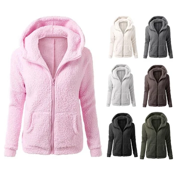 

Women Fleece Teddy Hoodies Winter Warm Hooded Zipper Solid Hooded Hoodies Coat Wool Zip-Up Cotton Coat Outwear Casual Sweatshirt