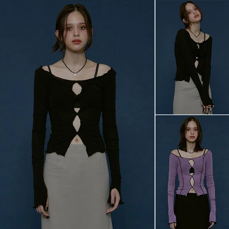 Female Punk Style Off Shoulder T-Shirt Long Sleeve Striped Line Hollow Patch Street Top | Женская одежда