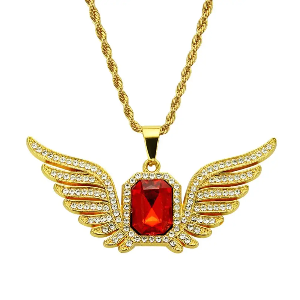 

Hot Sale Exaggerated Hip Hop Angel Wing Pendant Necklace For Men High Quality Square Ruby Twist Chain Rock Pendant Jewelry Gift