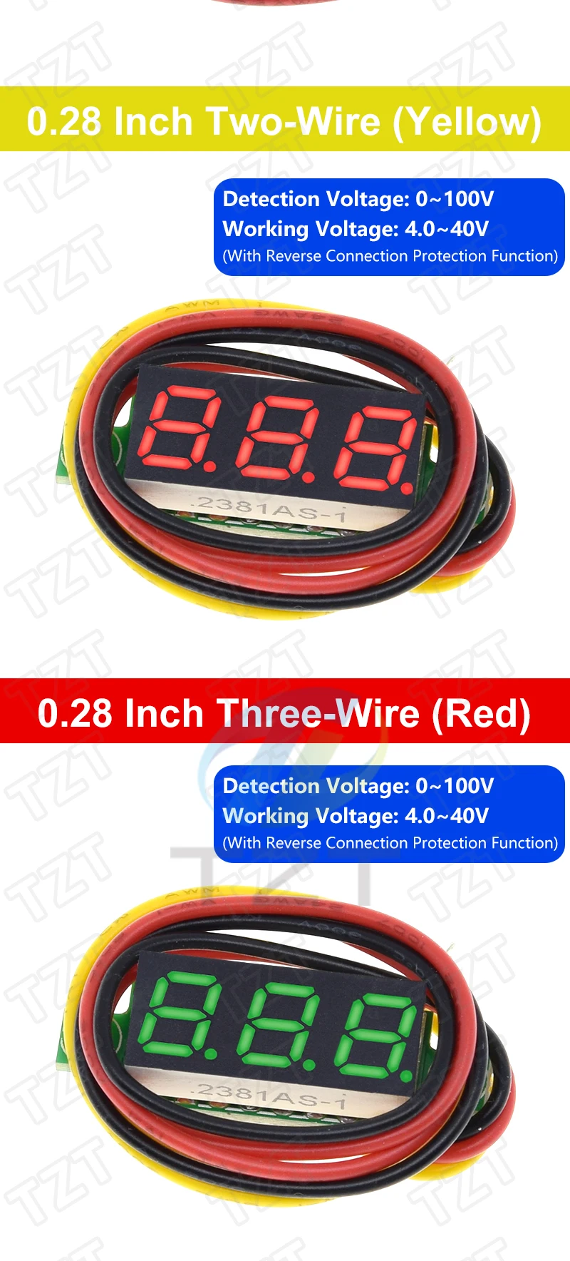 TZT 1/3PCS 0,28 Zoll 2 Drähte 3 Drähte 2,5V-40V Mini Digital Spannungsprüfer Modul Rot/Blau/Gelb/Grün LED – Detail 7
