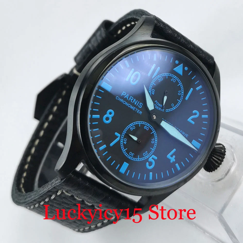

PARNIS 47MM PVD Self Winding Men Watch Power Reserve Indicator Blue Marks ST Automatic Movement