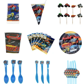 

Cartoon Blaze Car Children's Birthday Party Disposable Tableware Set Pennant Flag Paper Cup Gift Bag Balloon Decoration Supplie