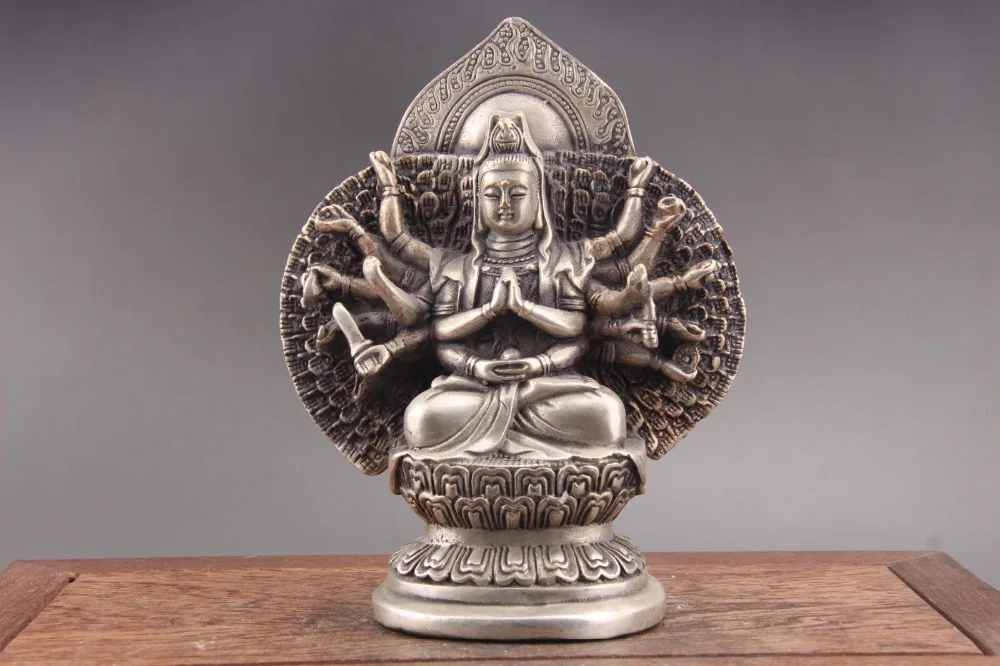 

Exquisite Chinese Tibet silver hand carved Guanyin Cupronickel statue of paktong