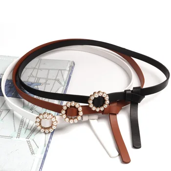 

Round Buckle Pearl Belts For Women's Leather Thin Belt Feminino Femme Fashion Faux Leather Waistband