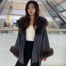 Melhor venda casaco de pele de raposa natural das mulheres casaco de lã mistura casaco outono inverno cardigan moda cintura ajustável capa