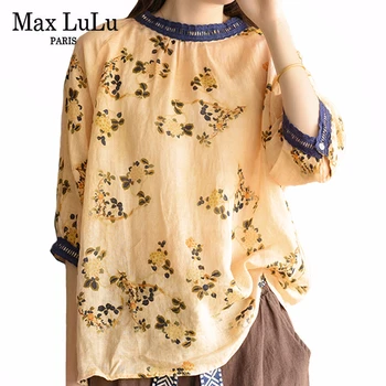 

Max LuLu 2020 Summer Chinese Fashion Style Ladies Linen Blouses Womens Casual Vintage Shirts Floral Printed Streetwear Plus Size