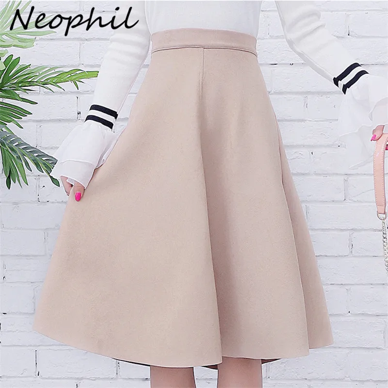 Neophil Women Suede High Waist Midi Skirt 2024 Spring Vintage Style Pleated Ladies A Line Black Flare Skirt Saia Femininas S1802 withered french style black color casual linen midi dress women office ladies fashion pleated slim dress