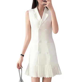 

LANMREM 2020 turn-down collar sleeveless pleated bottoms summer sexy mini office lady suit dress white high quality WL21100XL