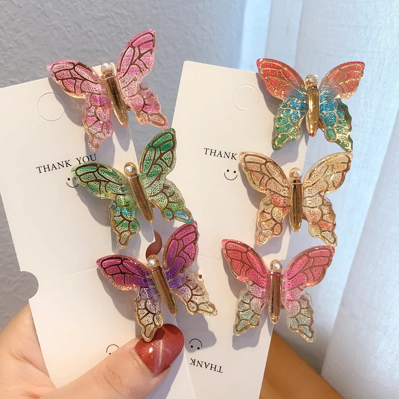 Fairy Butterfly Color Gradient Hair Clips Slides For Women Girls Duckbill Pearl Flying Hairpin Barrettes Trends | Красота и здоровье