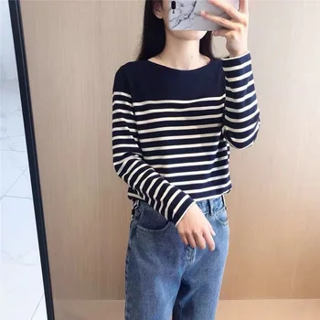 

Women Sweater Classic White Striped Knit 100% Cotton Navy Long Sleeve Women's Spring Autumn Sweater