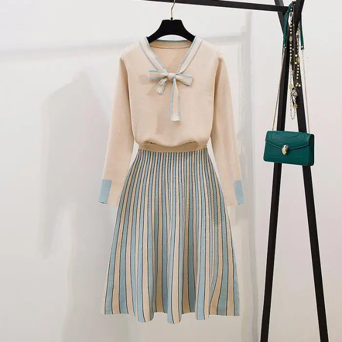 Beige suit ICHOIX офисные женские трикотажные наборы Женский костюм из двух предметов зимний свитер комплект из 2 предметов корейский стиль милый комплект из 2 предметов юбка - Цвет: Beige suit