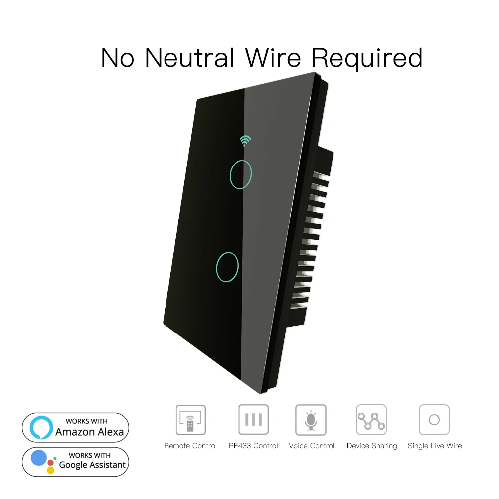 2 Gang Black RF433 WiFi умный настенный сенсорный выключатель без нейтрального провода, нужен умный Однопроводной настенный переключатель, работающий с Alexa Google Home 170-250 В - Цвет: 2 Gang Black