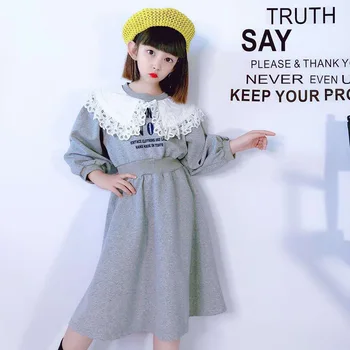 

6 To 16 Years Kids and Teen Girls Autumn Casual Dress 2020 Korean Retro Dress Letter Print Fashion Children Cotton Dress, #9155