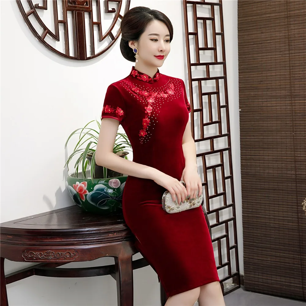 Шанхай история кружева бисером Cheongsam по колено qipao платье в фольклорном стиле китайское традиционное платье восточное платье 3 цвета