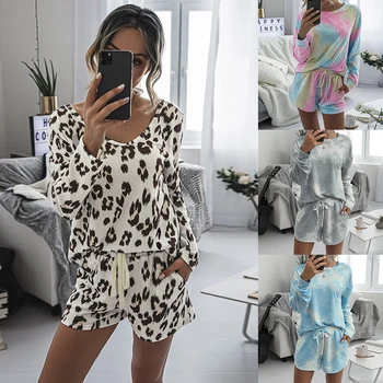 

Women Printed Pajamas Round Neck Long Sleeve Tops Shorts 2Pcs Set Spring Summer Leopard Tie-dye Sleepwear Nightgown Nighty D30