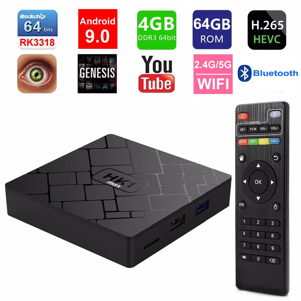 HK1 MAX Android 9.0 Smart TV BOX RK3318 Quad core 4GB Ram 64G Rom 2.4G/5G Dual WIFI Bluetooth 3D 4K