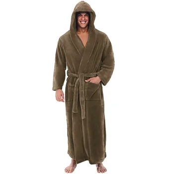 

Men's Nightgown Bathrobe Kimono Men Winter Solid Color Plush Lengthened Shawl Bathrobe Homewear Clothes Long Sleeved Robe Coat