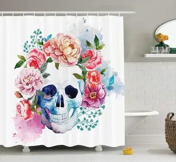

Skulls Decorations Shower Curtain Set Funny Skull with Colorful Floral Head Victorian Style Dead Skeleton Graphic Art Print Bath