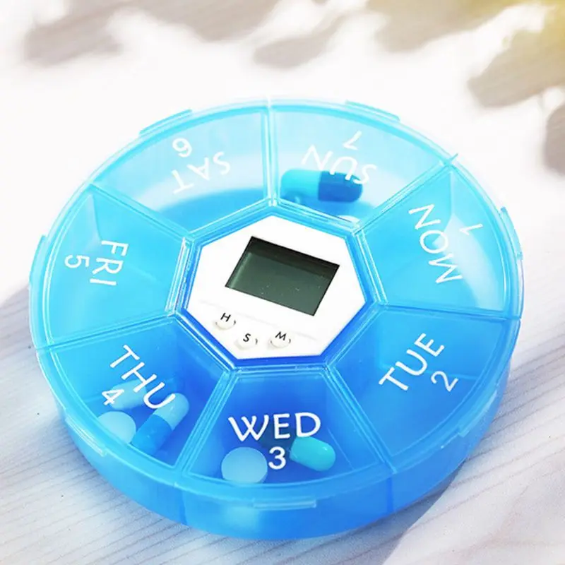 7 Grids Pill Box Electric Reminder Timer Alarm Weekly Round Organizer Medicine Case X7YB