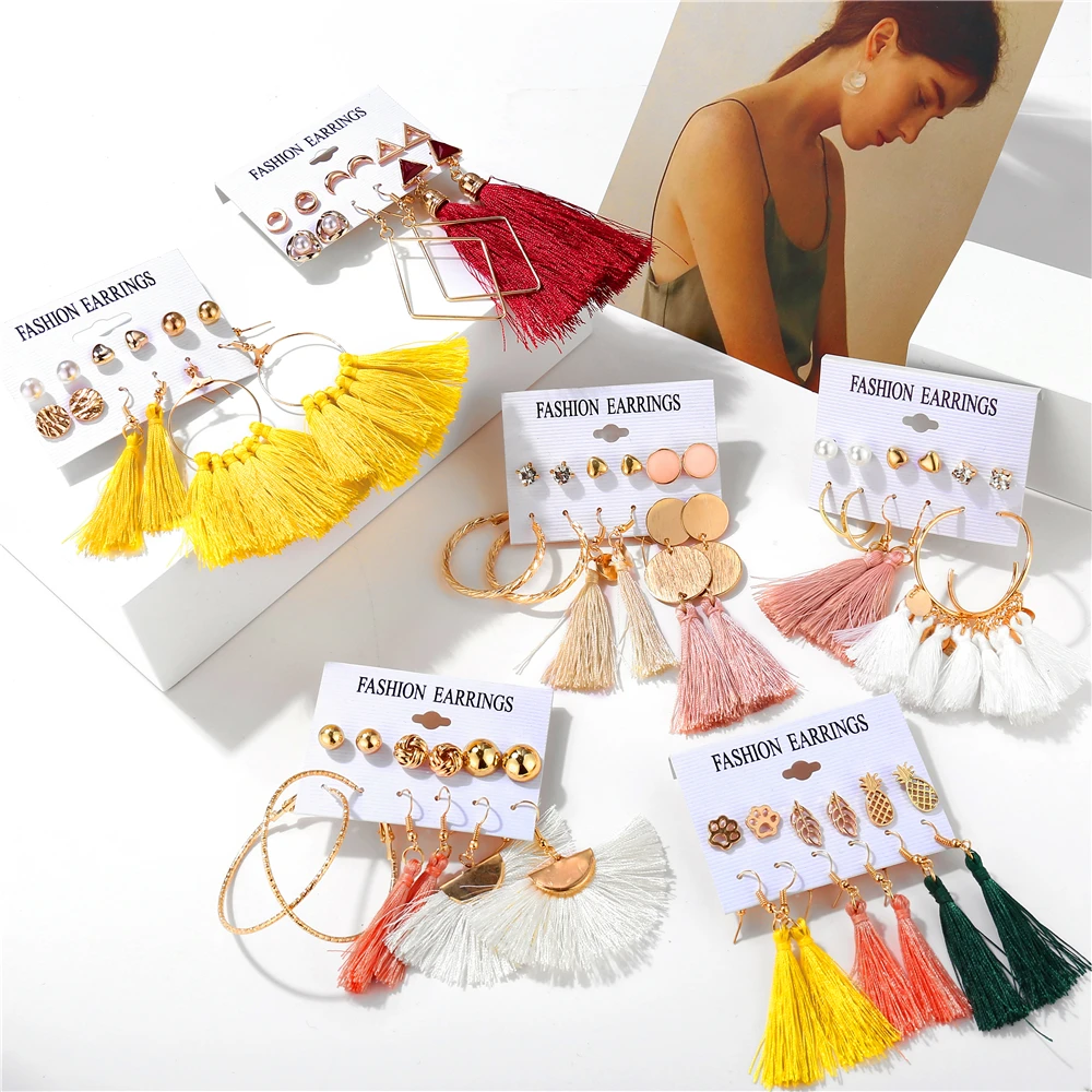 

1 Set Bohemian tassel long earrings ladies geometric big earrings party earrings 2019 Female DIY Fashion Jewelry