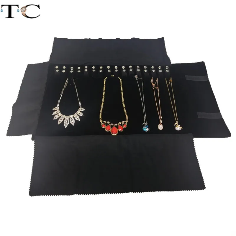 Jewelry Storage Bag Necklace Roll Organizer Bag Ring Earring Velvet Carrying Black Leather Display Holder Jewelry Packaging
