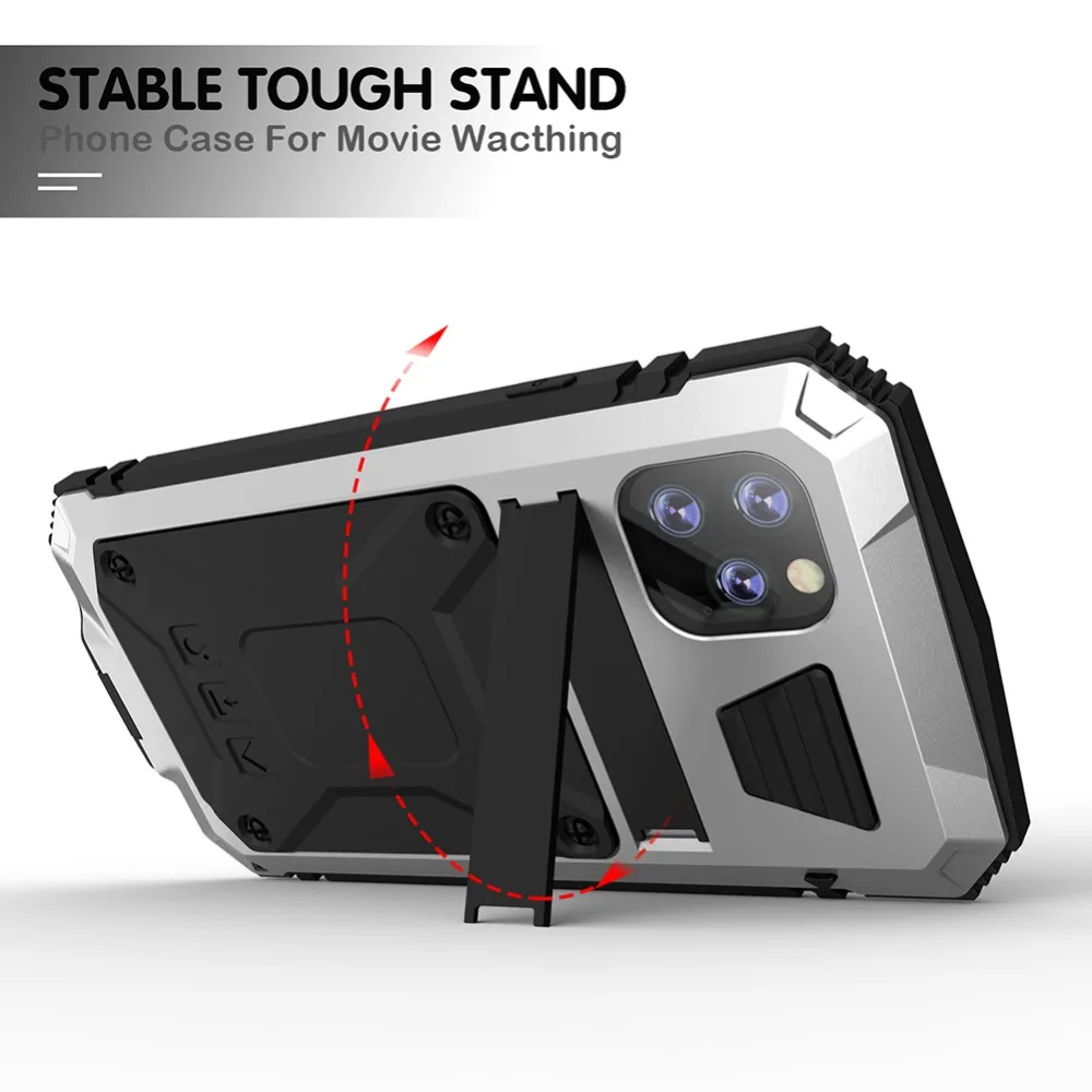 For iPhone 11 Pro Max XS XR XS Max X Metal Aluminum Armor Shockproof Heavy Duty Waterproof Case protective Cover+Tempered glass (29)