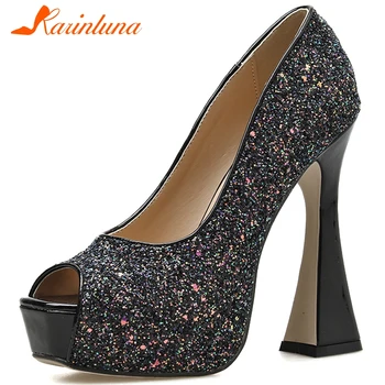 

KARINLUNA New Ladies High Heels Shallow Pumps Fashion Peep Toe Glitters Pumps Women Spring Sexy Shining Party Shoes Woman