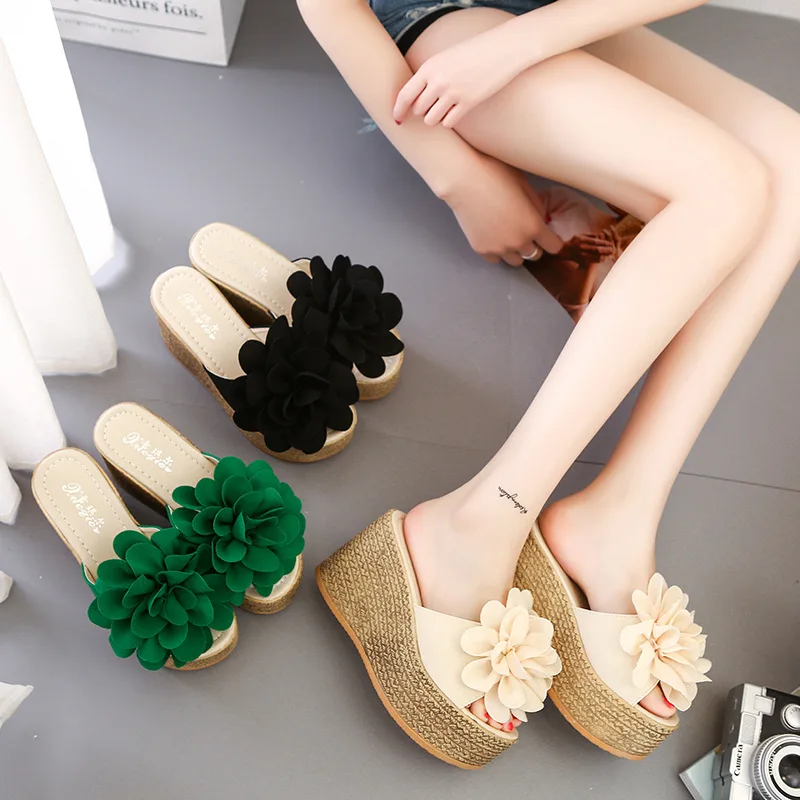 

2018 Summer New Style Korean-style Sweet Large Flower Slanted Heel Waterproof Platform Line-styled Women's Slippers Sandals