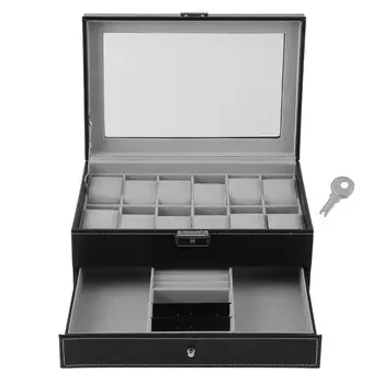 

(From ES)Black 12 Grids Watch Case Jewelry Display Case Storage Box Organizer Dual Layer Glass Top Collection Holder
