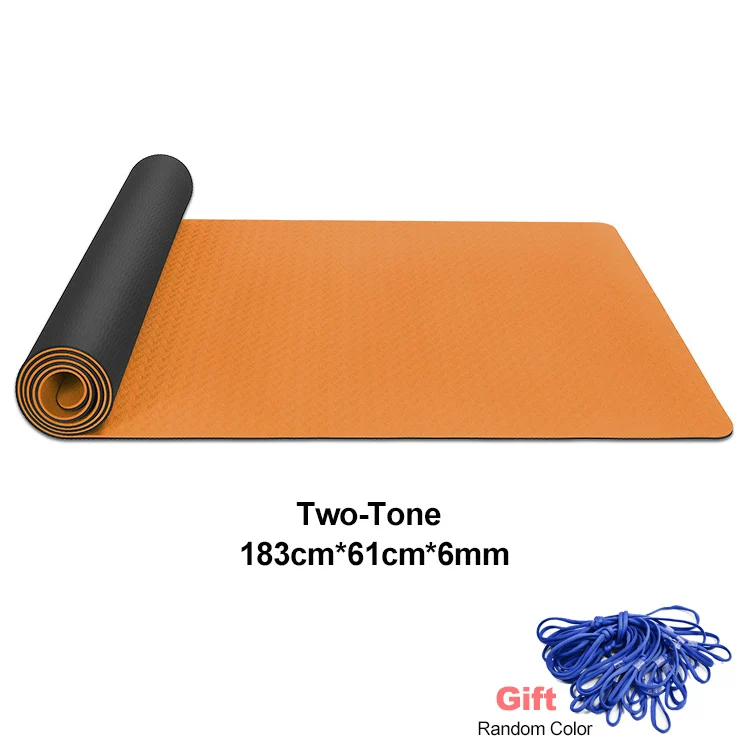 TPE двухцветные коврики для йоги 6 мм, плотные Нескользящие КАЧЕСТВЕННЫЕ СПОРТИВНЫЕ коврики для занятий спортом в тренажерном зале, сумка для йоги с ремешком - Цвет: Оранжевый