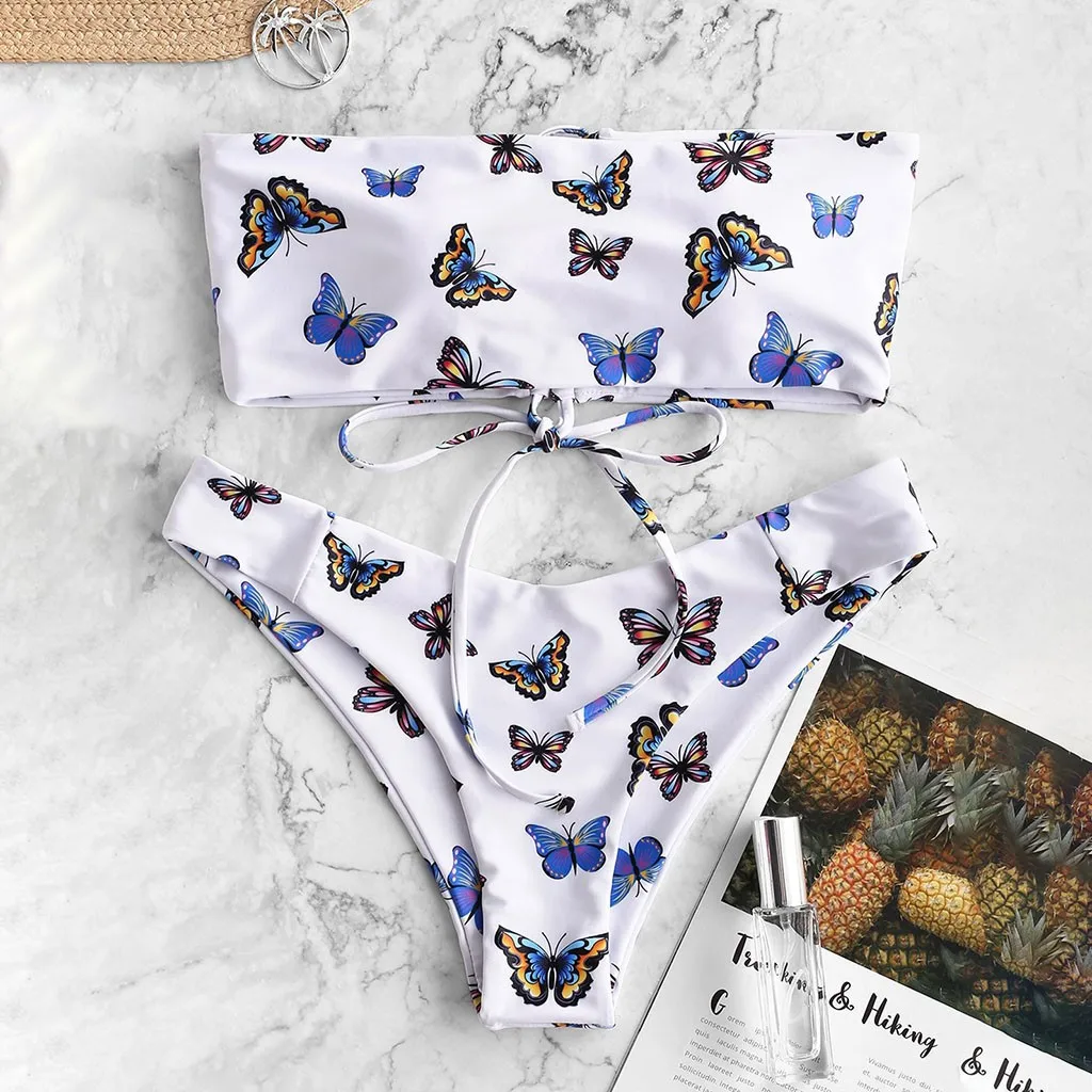 

Butterfly Print Bikinis Sets For Women Summer Strapless Bath Tankini Beach Lace Up Swimwear Female Sexy Bikini Padded Swimsuits